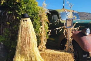 Cousin It made out of hay next to a truck