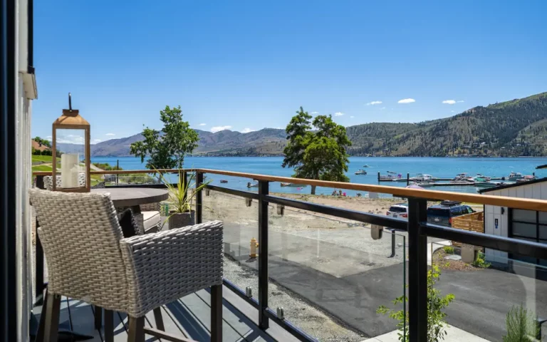 Outside deck overlooking the beach in Lake Chelan