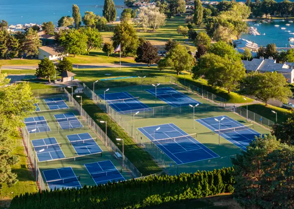 Aerial view of Pickleball and tennis courts