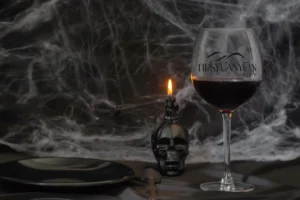 Tipsy Canyon Winery glass with Halloween decor